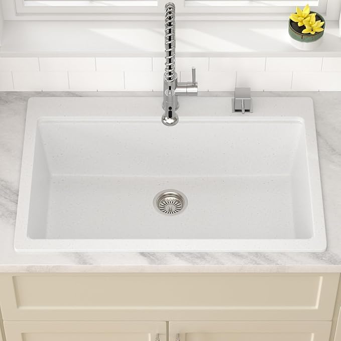Dcolora White Granite Composite Kitchen Sink Drop In, 33x22 Large Single Bowl - Image 3