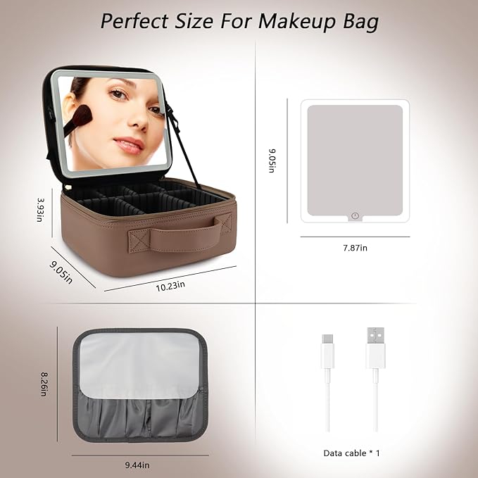 Travel Makeup Bag with LED Mirror Travel Makeup Organizer with 3 Lighted - Image 7