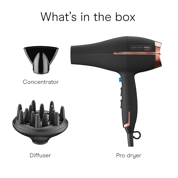 INFINITI PRO by CONAIR Hair Dryer, 1875W Blow Dryer with Diffuser and Concentrator, Ceramic Technology, 3 Heat & 2 Speed Settings, Cold Shot Button, Black