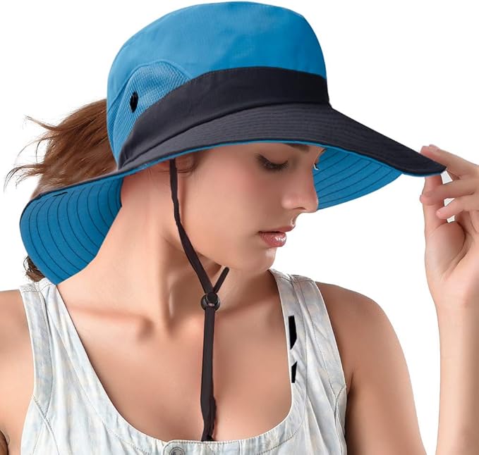 Rosoz Ponytail Sun Bucket Hats for Women UV Protection Foldable Mesh Wide Brim by Rosoz