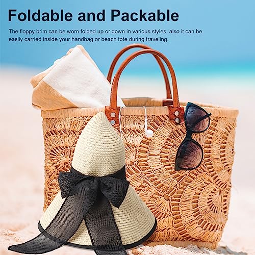 Womens Bowknot Straw Hat Foldable Beach Sun Hat Roll up UPF 51+ (Big Bow / Beige 5.9" Brim a)