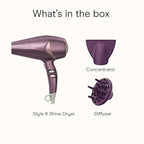 Infiniti PRO CONAIR Style & Shine Hair Dryer with Diffuser and Concentrator, 1875W Style & Shine Blow Dryer with Tourmaline and Ionic Conditioning to Fight Frizz, 3 Heat & 2 Speed Settings, Purple