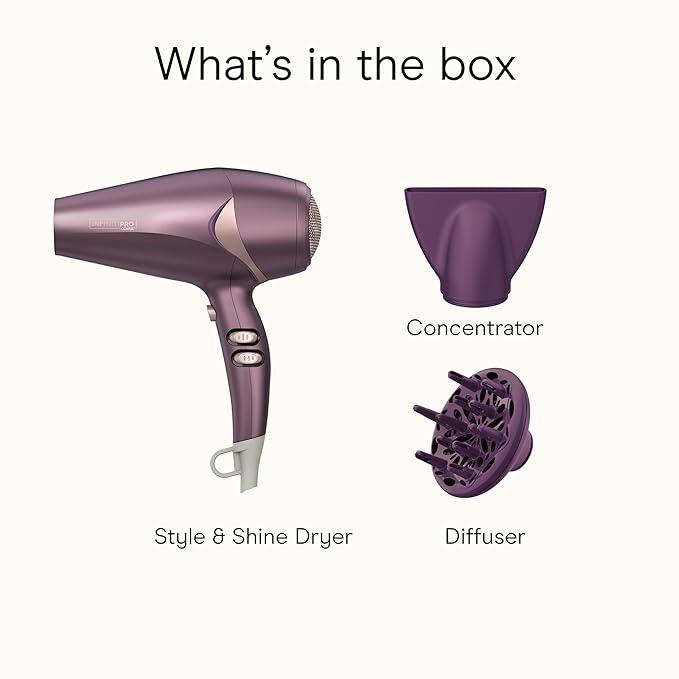 Infiniti PRO CONAIR Style & Shine Hair Dryer with Diffuser and Concentrator, 1875W Style & Shine Blow Dryer with Tourmaline and Ionic Conditioning to Fight Frizz, 3 Heat & 2 Speed Settings, Purple