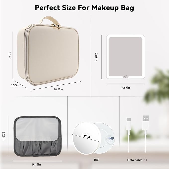 Travel Makeup Bag with LED Mirror and 10x magnifying glass with 3 Lighted - Image 8