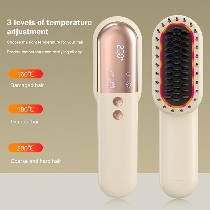 Cordless Hair Straightener Brush Minor Hair Straightening Brush Portable Travel Tool LCD Display Rechargeable Lightweight Anti-Scald Heated Styling Appliances for Effortless Sleek Hair (White)