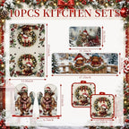 10 Pcs Christmas Highland Cow Kitchen Decor and Accessories Set Farmhouse Rustic Kitchen Towels Pot Holders Oven Mitts Rugs and Tape for Baking Cooking BBQ Housewarming Gifts (Brown / Christmas Cow)