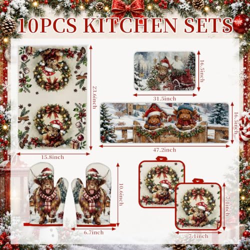 10 Pcs Christmas Highland Cow Kitchen Decor and Accessories Set Farmhouse Rustic Kitchen Towels Pot Holders Oven Mitts Rugs and Tape for Baking Cooking BBQ Housewarming Gifts (Brown / Christmas Cow)