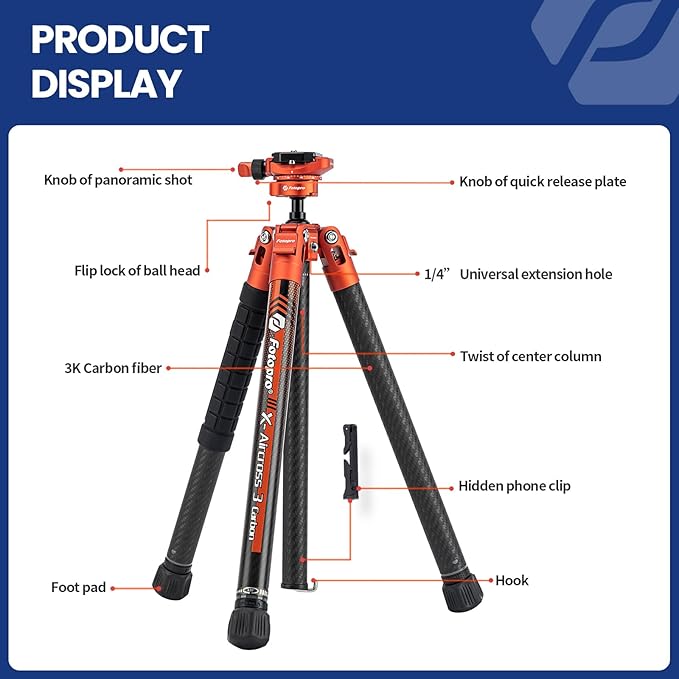 Fotopro Carbon Fiber Tripod 1.7lbs Ultralight 62 Inch Portable Compact Travel - Image 7