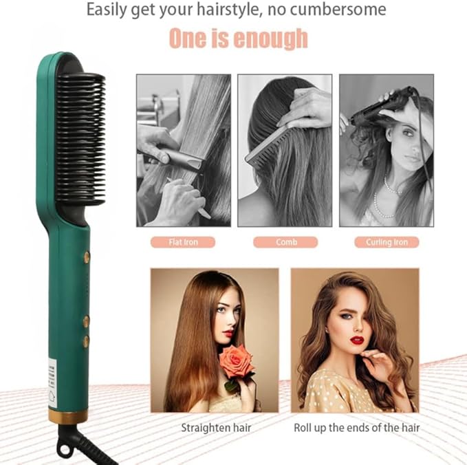 Professional Hair Straightener Comb, Beard Straightener Brush, Ceramic Plate Electric Hair Straightening Brush for Salon Results, Heating Straightener, Heated Electric Comb (Green)
