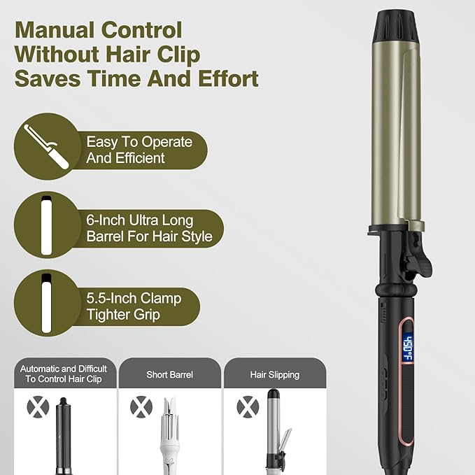 Curling Iron - Professional Manual Salon Rotating 1.75 Inch Hair Curler, Multi-Level Temperature Adjustment Crimper Hair Tool,Styling Tool for Long & Short Hair (Black, 1 3/4 inch)