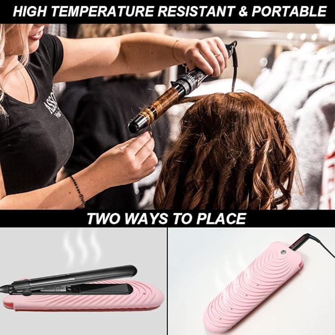 Heat Insulating Silicone Mat Pouch for Hair Straightener, Anti-Slip Travel Pad Cover for Curling & Flat Iron, Portable Styling Heat Mat Holder for Curler Wand and Hot Waver (Pink)