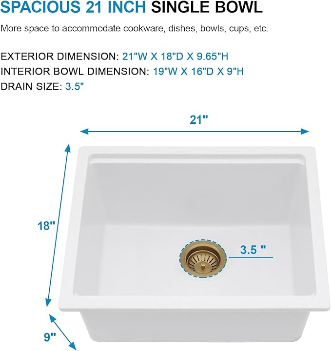 21 Inch White Granite Composite Bar Sink 21x18 Single Bowl Granite Composite - Image 6