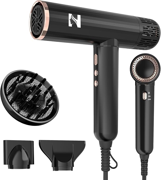Nicebay Ionic Hair Dryer with diffuser for Curly Hair,1600W &110000RPM High-Speed Brushless Motor for Fast Drying,Professional Blow Dryer for Women,Low Noise,Lightweight,Lock Function,Travel HomeSalon