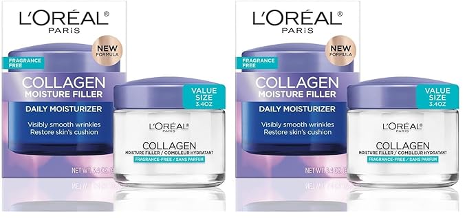 L'Oreal Paris Collagen Moisture Filler Face Cream, Anti-Aging Face Moisturizer, Non-Greasy Fragrance Free Skin Care Formula For Up to 48HR Hydration, 3.4 Oz, (Pack of 2)