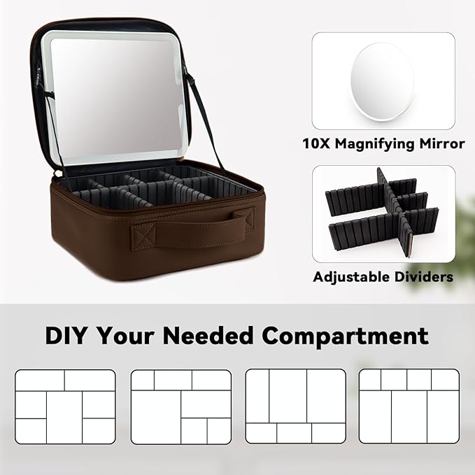 Travel Makeup Bag with LED Mirror and 10x magnifying glass with 3 Lighted - Image 4