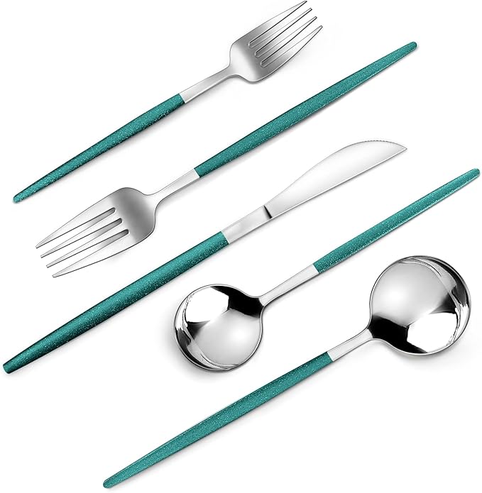 Mirror Silver Green Silverware Set, 20-Piece Stainless Steel Flatware Set by VANVRO