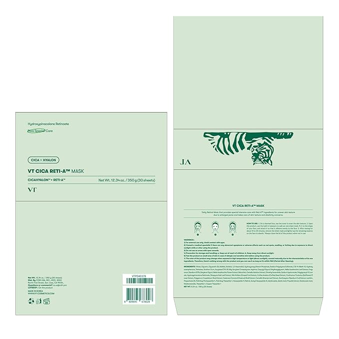 VT COSMETICS CICA Reti-A Daily Mask 30 Sheets, Retinol Complex for Pore Minimizing, Skin Softening & Hydrating Facial Mask, Ideal for Retinol Beginners, Korean Face Mask