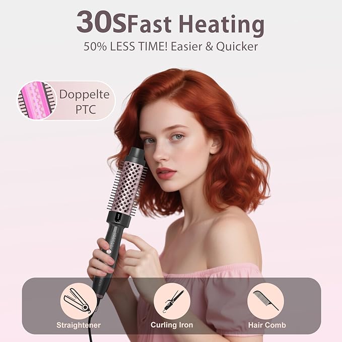 Thermal Brush 1.5" Curling Brush, Blowout Long Lasting Look Thermal Hair Brushes, 30s Fast Heated Round Brushes, Negative Ion Tech, 5 Temp Settings, Less Damage, Universal Voltage for Travel