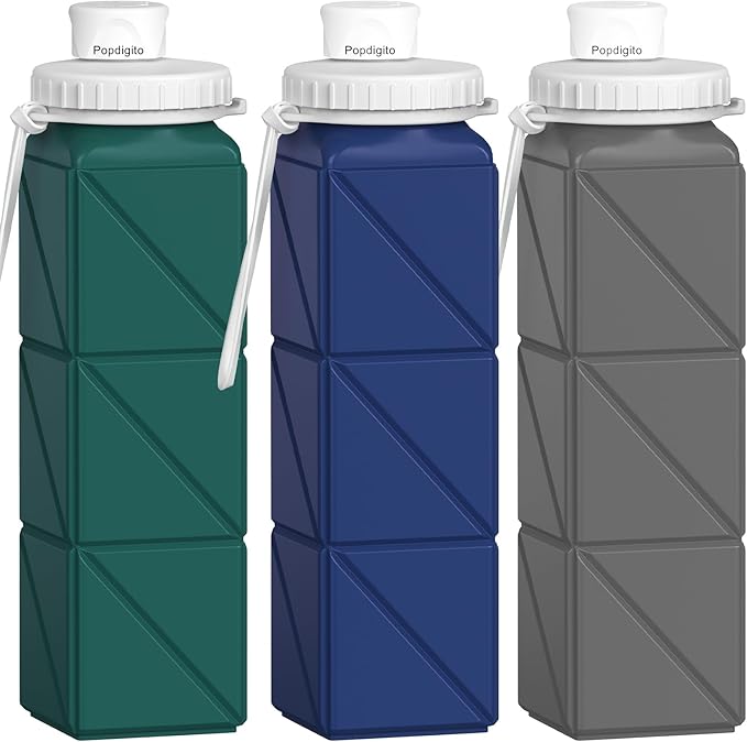 3 pack Collapsible Water Bottles, Silicone Foldable Portable Water Bottle 20.6oz by POPDIGITO