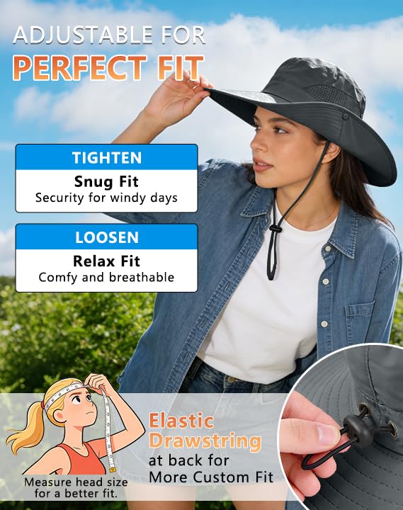 Sun Hat for Men Women Fishing Hat with Neck Flap Wide Brim Bucket Hat UV Protection for Beach Camping Hiking (Dark Grey-with Cooling Sleeves)