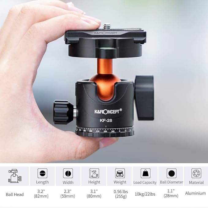 K&F Concept 63" Carbon Fiber Camera Tripods, D254C1+BH-28L Compact Tripod - Image 3
