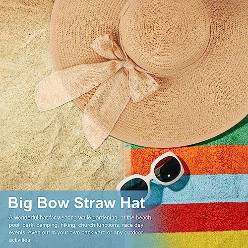 Women Wide Brim Bow Straw Hat Floppy Foldable Beach Sun Hat Roll up Cap UPF 50+ (Khaki /Normal Edge)