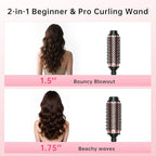 2in1 Negative Ion Thermal Brush -Heated Round Brush, Curling Iron 1 1/2 Inch& Curling Iron 1 3/4 Inch, 5 Temperature Settings,Dual Voltage
