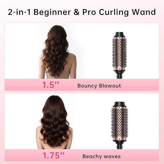 2in1 Negative Ion Thermal Brush -Heated Round Brush, Curling Iron 1 1/2 Inch& Curling Iron 1 3/4 Inch, 5 Temperature Settings,Dual Voltage