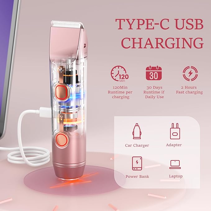 2 in 1 Bikini Trimmer for Women: Electric Razor & Shaver [IPX7 Waterproof] with Dual Heads for Body Pubic Hair - Rechargeable Lady Facial Trimmer for Underarm Leg Arm Face