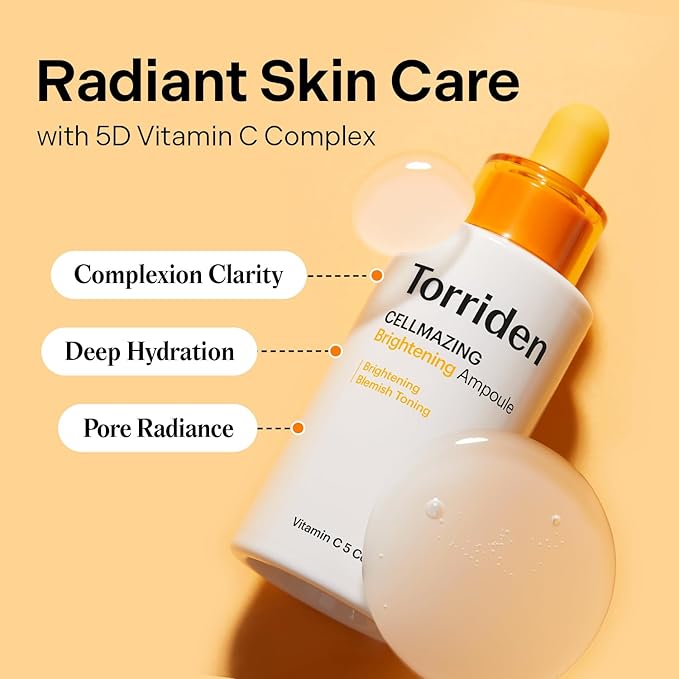 Torriden CELLMAZING Vita C Ampoule 30ml (1.01 fl.oz.) | Refining Sagging Pores and Skin Texture | 5D Vitamin C, Seaweed Complex, Panthenol | Korean Facial Serum