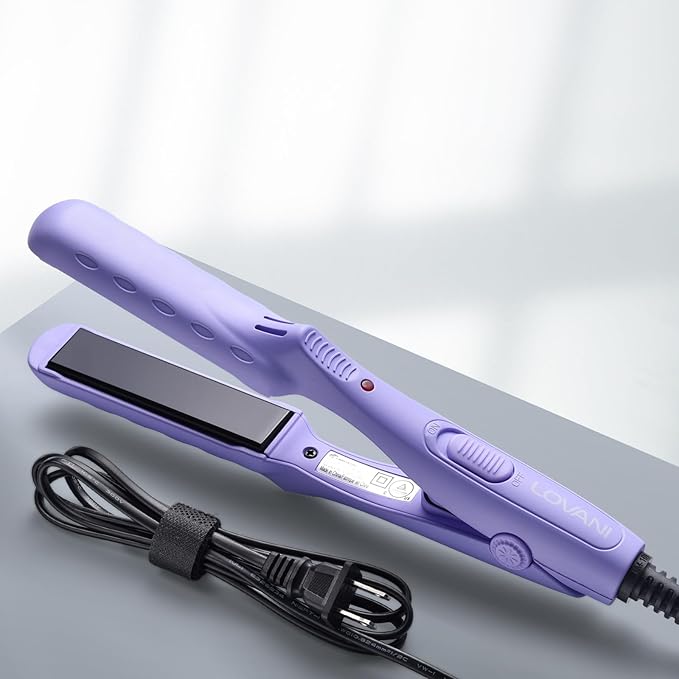 LOVANI Dual Voltage Travel Straightener, Tourmaline Ceramic Small Straightener for Short Hair and Bangs, Portable with Insulated Bag (Purple)