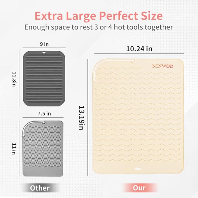 Oversize Large Silicone Heat Resistant Mat, 13.19" x 10.24" Professional Heat Mat for Curling Iron, Portable Vanity Decor Makeup Mat Cover for Travel Vanity Salon(Beige)