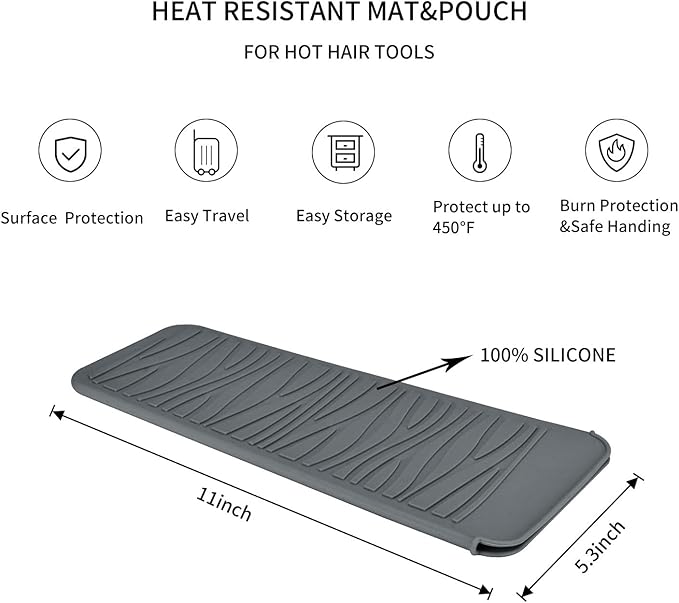 Silicone Heat Resistant Mat for Hair Iron, 11 x 5 inch, Grey, 1 Pack