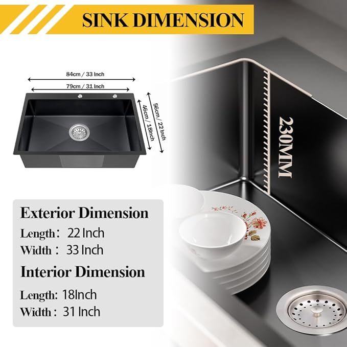 Black Kitchen Sink, Stainless Steel Drop In 33x22x9 Inch Single Bowl Topmount - Image 6