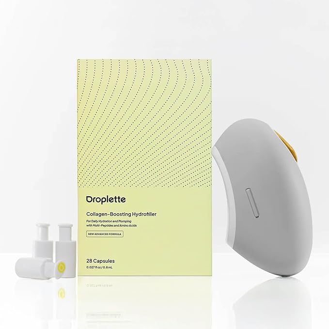 Droplette Ultra Starter Set – Patented Micro-Infuser Skincare Device with Collagen Hydrofiller Capsules for Hydration & Plumping – Dove Grey Device with 28 Single-Use Capsules