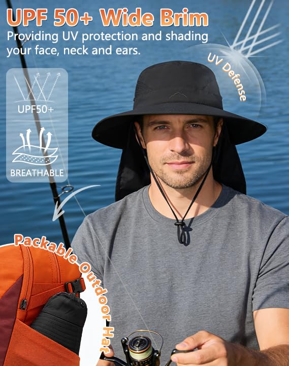 Sun Hat for Men Women Fishing Hat with Neck Flap Wide Brim Bucket Hat UV Protection for Beach Camping Hiking (Black-with Cooling Sleeves)