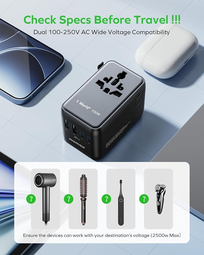 MOMAX Universal Travel Adapter, GaN 100W International Power Adapter, 2 AC - Image 9