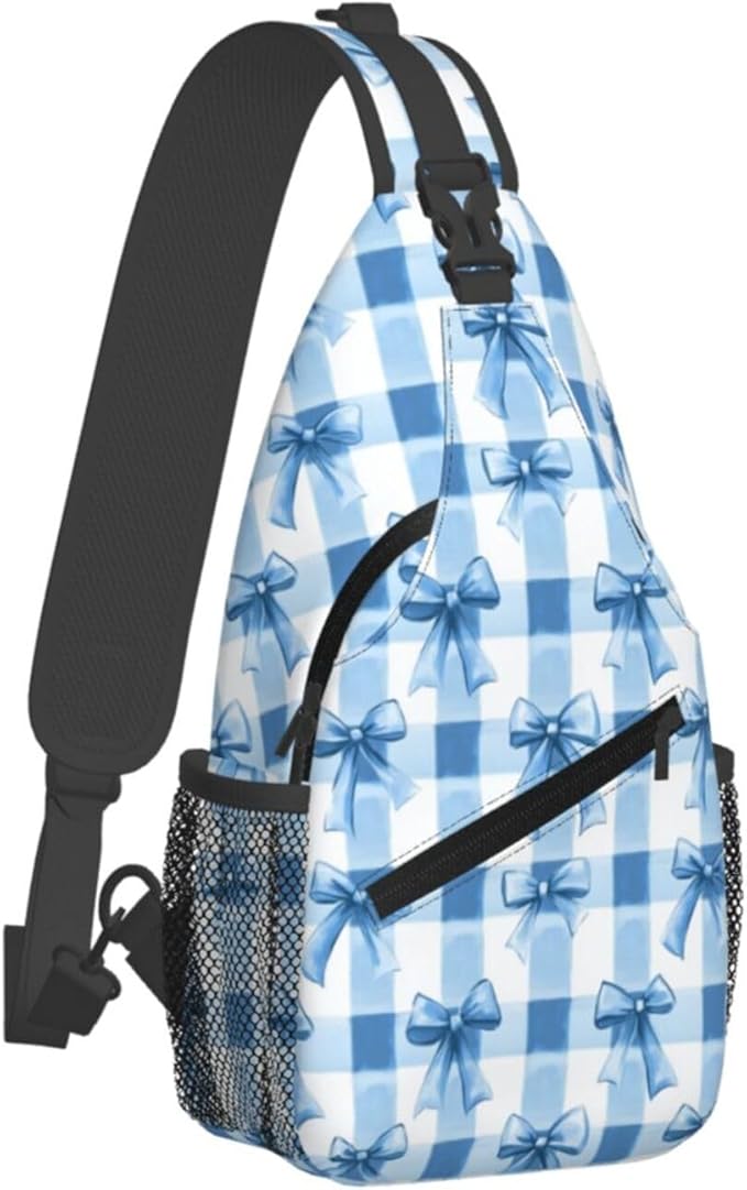 SUPLUCHOM Sling Bag Blue Bows Check Hiking Daypack Crossbody Shoulder Backpack - Image 2
