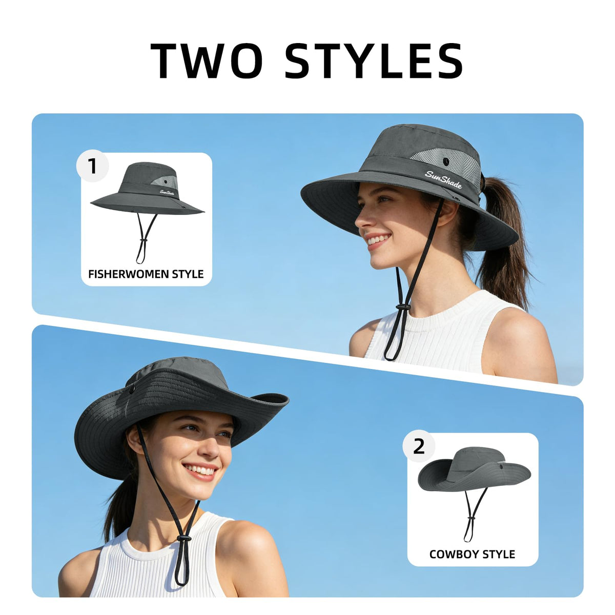 Ponytail Sun Bucket Hats for Women UV Protection Foldable Wide Brim (1 Pack-gray)