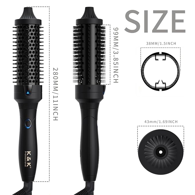 K&K Thermal Brush, Blowout Boost Ionic Round Heated Hot Brush, to Make Hair Smoother & Shinier, Easy to Use, Not for Blow Drying, 38mm Barrel,Dual Voltage, US Plug, Jet Black