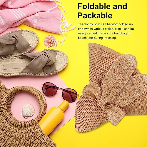 Women Wide Brim Bow Straw Hat Floppy Foldable Beach Sun Hat Roll up Cap UPF 50+ (Khaki /Normal Edge)