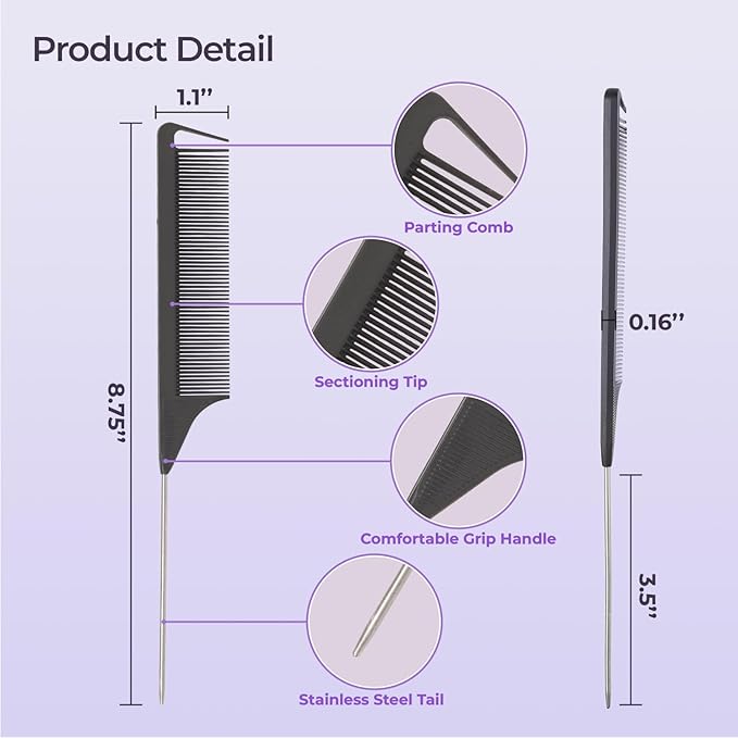 STUDIO LIMITED Carbon Pin Tail Comb Set – 12 Pcs Anti-Static Rat Tail Combs for Easy Parting and Styling with Stainless Steel Tips