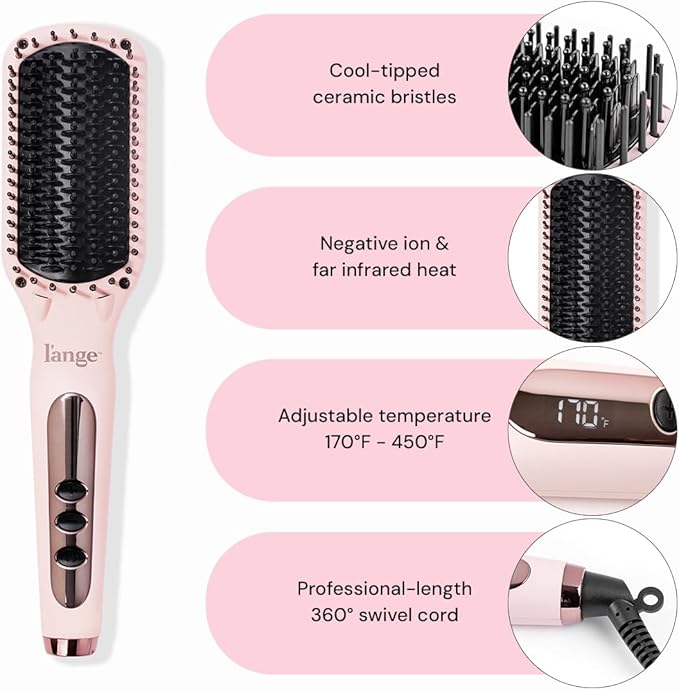 L'ANGE HAIR Le Vite Straightening Brush | Heated Hair Tool for Smoother, Frizz-Controlled Look | Dual-Voltage Hot Brush Straightener for Effortless Styling & Shine | Ceramic Standard Size (Blush)