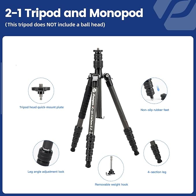 Fotopro 59” Carbon Fiber Travel Tripod, 2 in 1 Lightweight Monopod Tripods - Image 5
