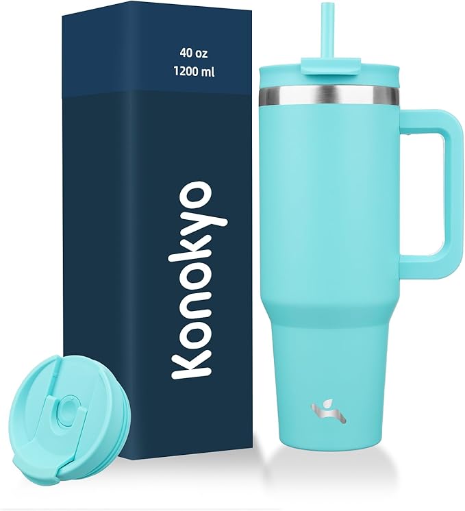 40 oz Tumbler with Handle and 2 Straws, 2 in 1 Lid Insulated Water Bottle by Konokyo