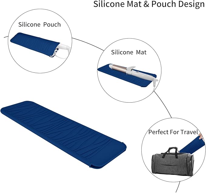 Silicone Heat Resistant Travel Mat Pouch for Hair Styling Tools (Navy Blue, 1 Pack)