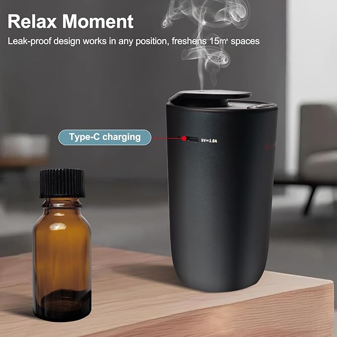 Air Oil Diffuser for Home Waterless Essential Oil Diffuser, Rechargeable USB Aromatherapy Scent Diffuser with LED Lights, Home Fragrance Diffuser for Room, Studio, Office, Bedroom-Black