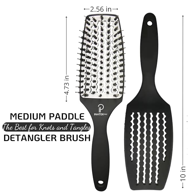 Curved Vented for Blow Drying - Boar Bristle Brush (Medium) with Comfortable Handle - Soft Bristle Brush for Thick and Fine Hair - Natural Boar Bristles for Women, Men & Kids - White