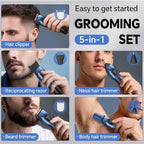 5-in-1 Electric Beard Trimmer Body Hair Trimmer Kit, Professional Cordless Hair Clippers for Men Rechargeable, IPX7 Waterproof Mens Grooming Kit for Face, Mustache, Body, Nose, Gifts for Men (Blue)