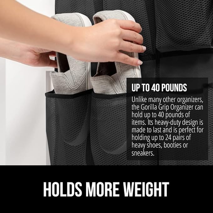 GORILLA GRIP Over the Door Shoe Organizer, 2 Pack, 24 Breathable Mesh Pockets - Image 3
